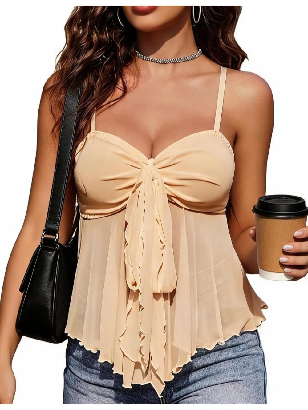Women's Cream Bralettes Mesh Flowy Spaghetti Strap Baby Doll Mermaid Tank Top